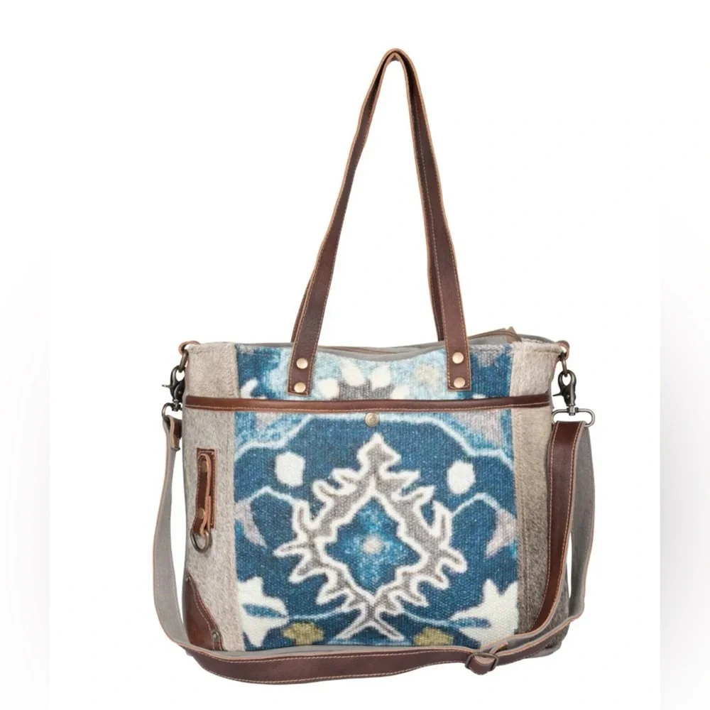 Blue and Brown Patterned Tote Myra Bag New - Picture 4 of 4